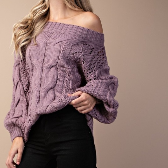 Cozy off shoulder cable knit puff sleeve Sweater - Picture 5 of 10